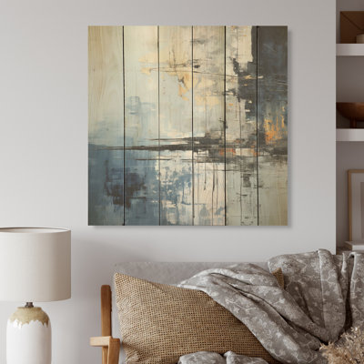 Grey And Blue Abstract Lake Painting - Lake River Wood Wall Art On Natural Pine Wood