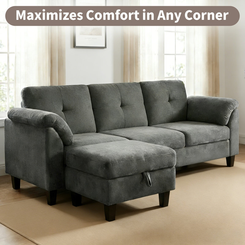 76.4'' Modern 3-Seat Sectional Sofa With Arm Pillows, Convertible Chaise Lounge, Soft Upholstered Couch For Living Room, Gray