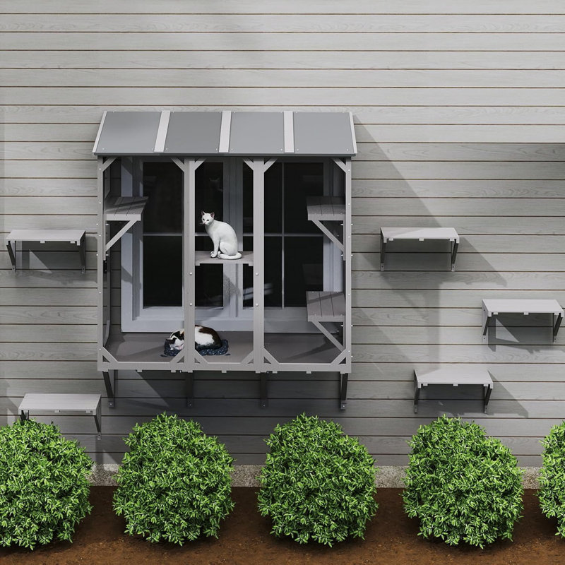 Cat Catio, Expandable Window Box Enclosure for Multiple Indoor Cats, Comfortable Wooden Small Pet Perch House, All-Weather Use, Keep Bugs Insects Out, with 4 Platforms and 3 Doors