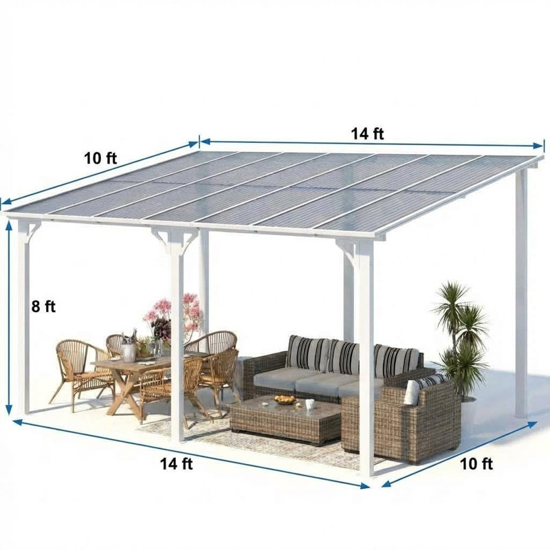 10x14Ft Wall Mounted Gazebo Hard Top Lean to Pergola with Roof & Gutters-White, White