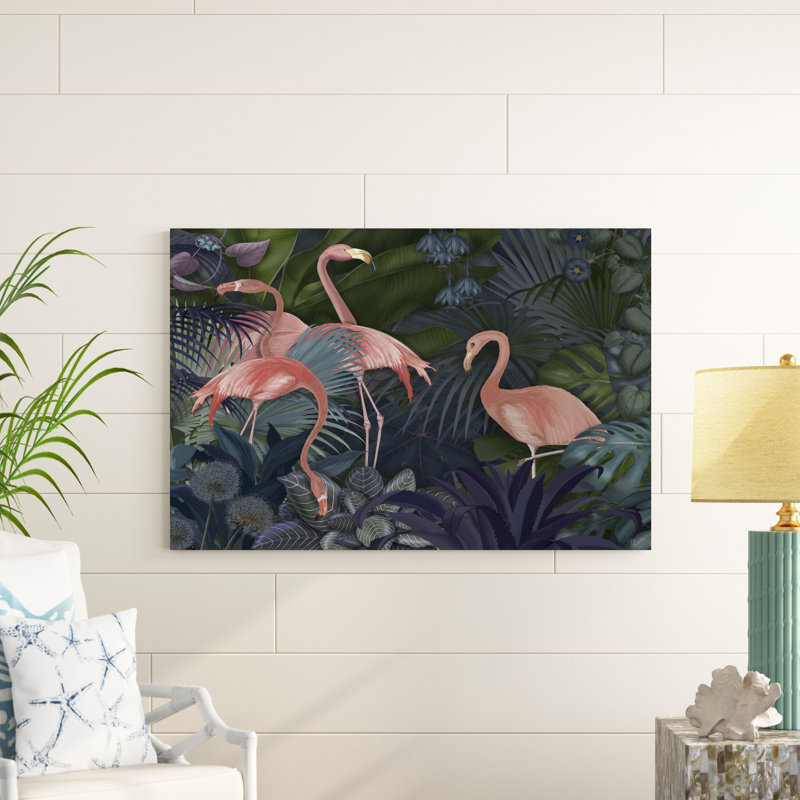 Flamants dans un jardin bleu, H 32 po x l 48 po x P 1 po