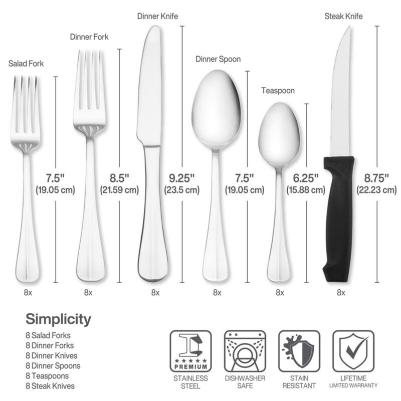 Pfaltzgraff Everyday Simplicity 53-Piece Stainless Steel Flatware Set, Service for 8