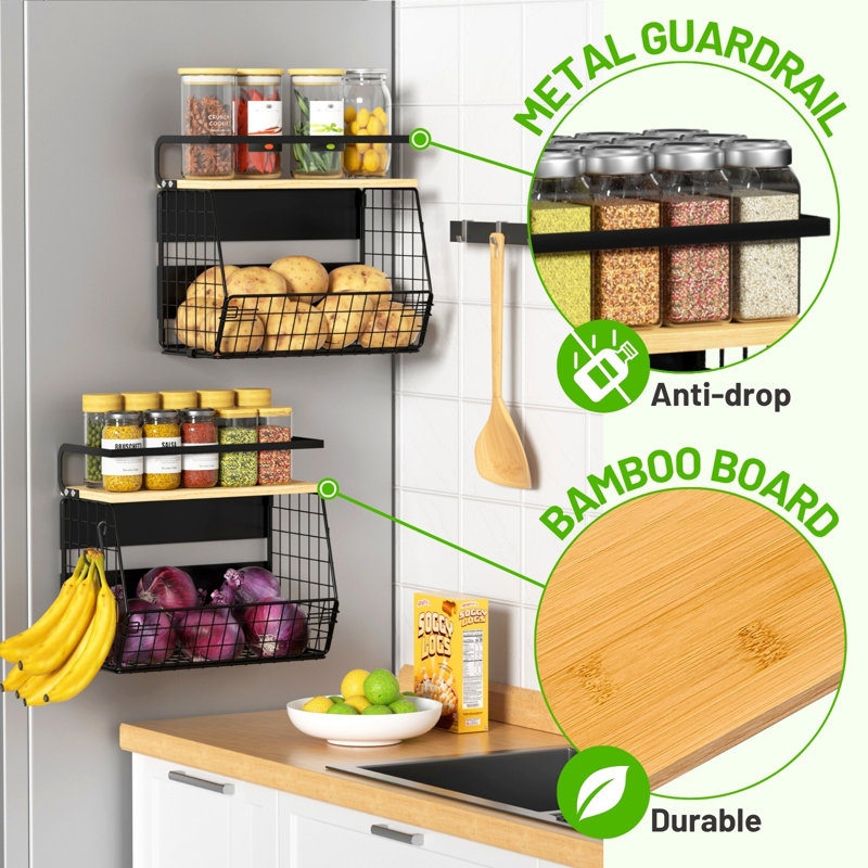 Tablette magnétique pour réfrigérateur avec couvercle en bois, bacs de rangement pour pommes de terre et oignons, organisateurs et rangement pour garde-manger, grand support à épices magnétique pour réfrigérateur, comptoir de cuisine, armoire
