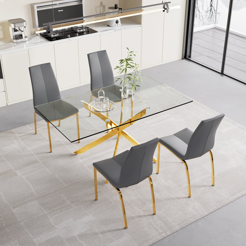 Bezons 4 - Person Glass Top Pedestal Dining Set, Gray/Gold