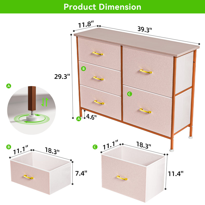 Commode pour chambre à coucher avec 5 tiroirs, commodes de rangement larges, commode en tissu, noir, Rose