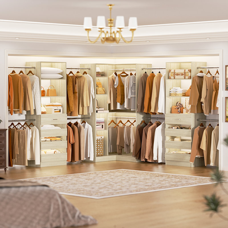 57.3"-151.7" Adjustable Closet System With 8 Drawers And 8 Clothes Rods, Oak Wood
