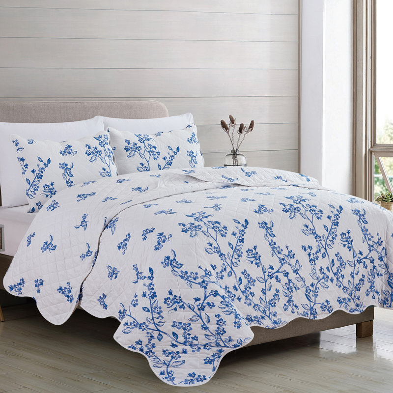 Blue Floral Twin Microfiber Reversible Quilt Set