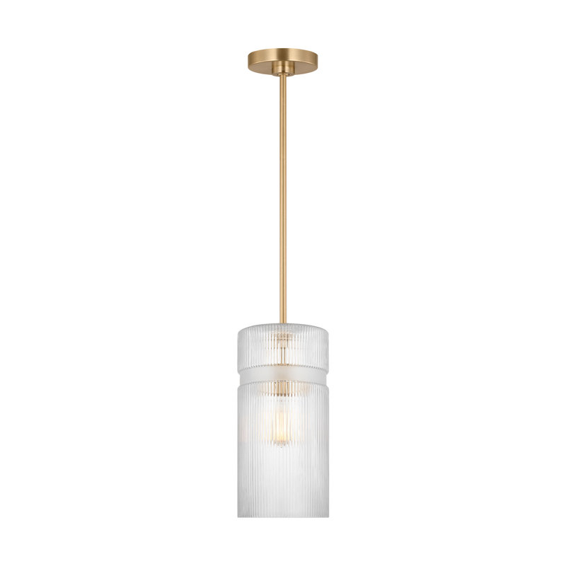 Luminaire suspendu de cuisine 1 lumière Liouet en laiton satiné avec abat-jour côtelé transparent, Laiton satiné