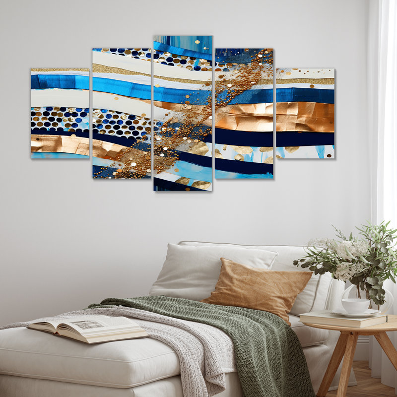 Blue Sparkling Gold Current - Waves Wall Art Decor 5 Piece, 32" H x 60" W