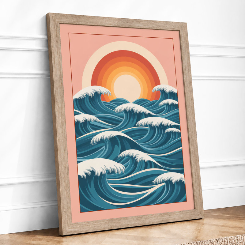 Sun Over Waves Coastal - Framed Print, A3 - 42.0 x 29.7 cm, Oak