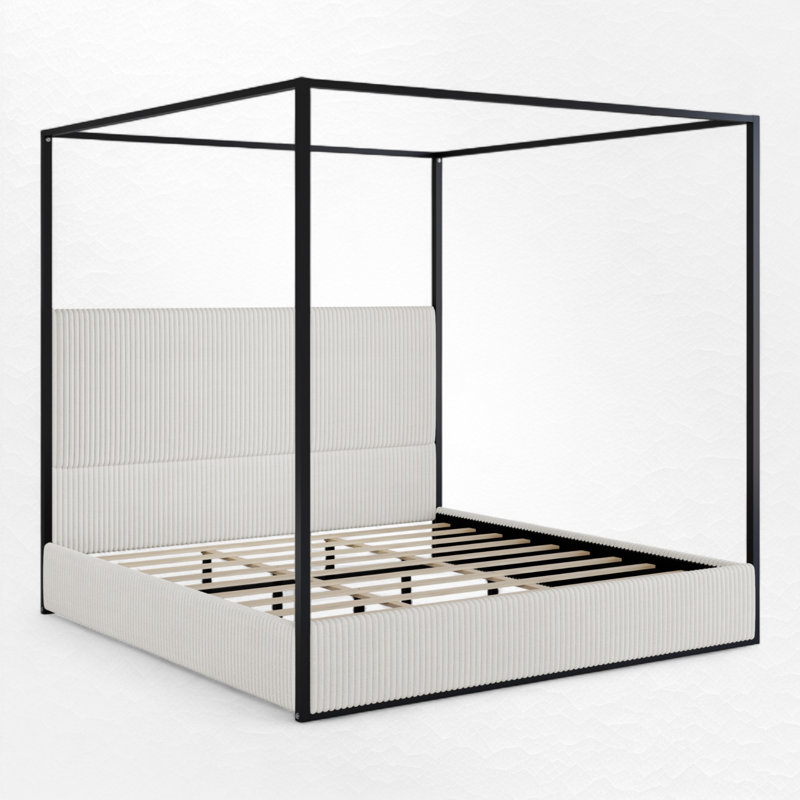 Upholstered Metal Canopy Bed, White/Black, King