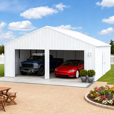 Remise de grange en acier pour garage double 22 pi x 23 pi, finition crème, acier galvanisé de calibre 14, 26 panneaux de tôle, protection solide pour l'équipement