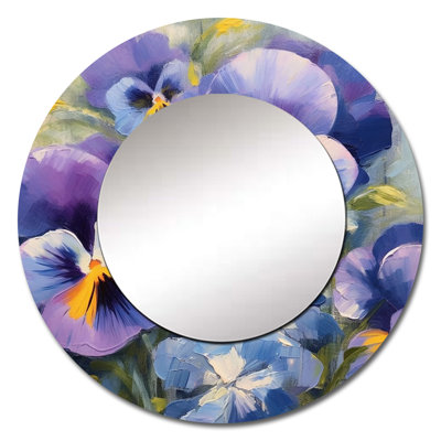 Purple Yellow Natures Pansies II - Floral Decorative Wall Mirror, Traditional Round Mirror, Printed Metal Art