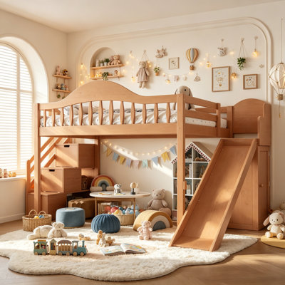 Solid Wood Kids Loft Bed with Slide and Storage Stairs for Girls Boys, Minimalist Loft Bed with Wardrobe and Shelfs for Small Bedrooms, Full Size, Walnut