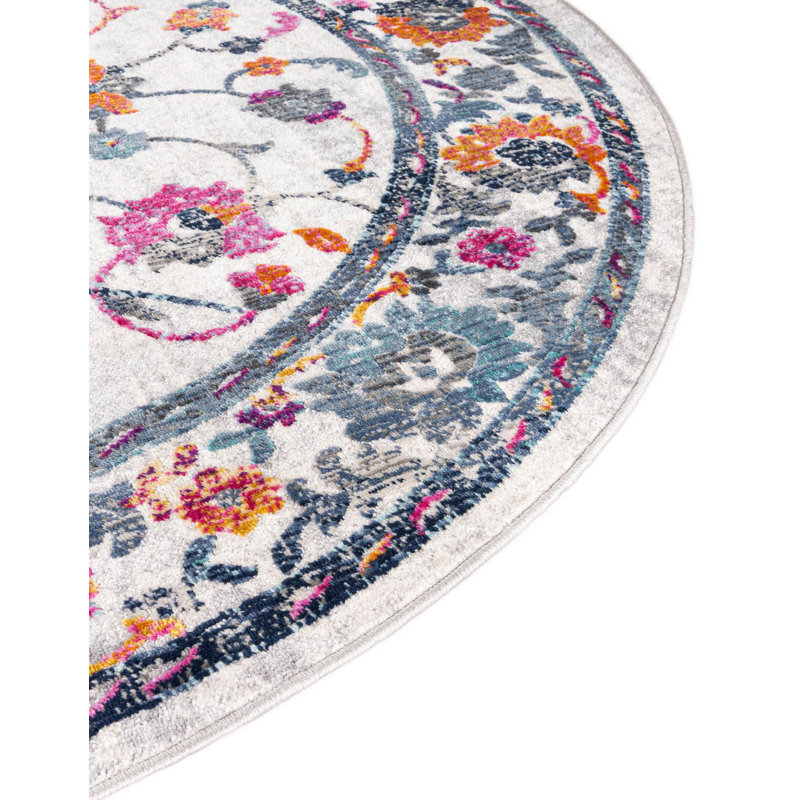 Tapis ivoire à motif floral, Rond 5 pi 1 po