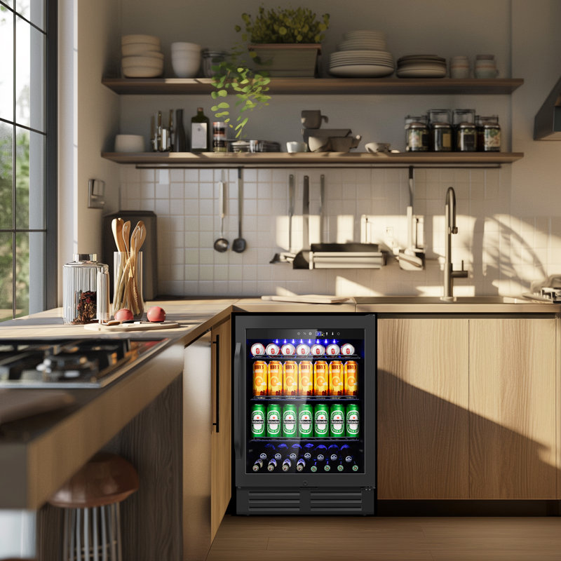 24-inch 210 Can Freestanding/Built-in Beverage Cooler - Energy Efficient, Quiet, Home Bar Fridge with Safety Lock, Black