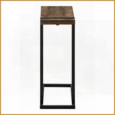 Space-Saving C-Shaped Coffee Table - Brown Reclaimed Wood-Look &amp; Black Metal for Living/Bedroom