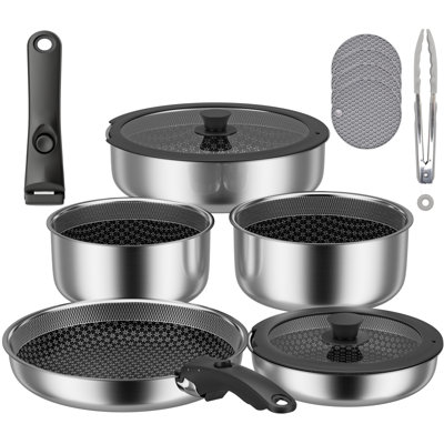 Batterie de cuisine en acier inoxydable à poignée amovible pour camping-car 12 pièces