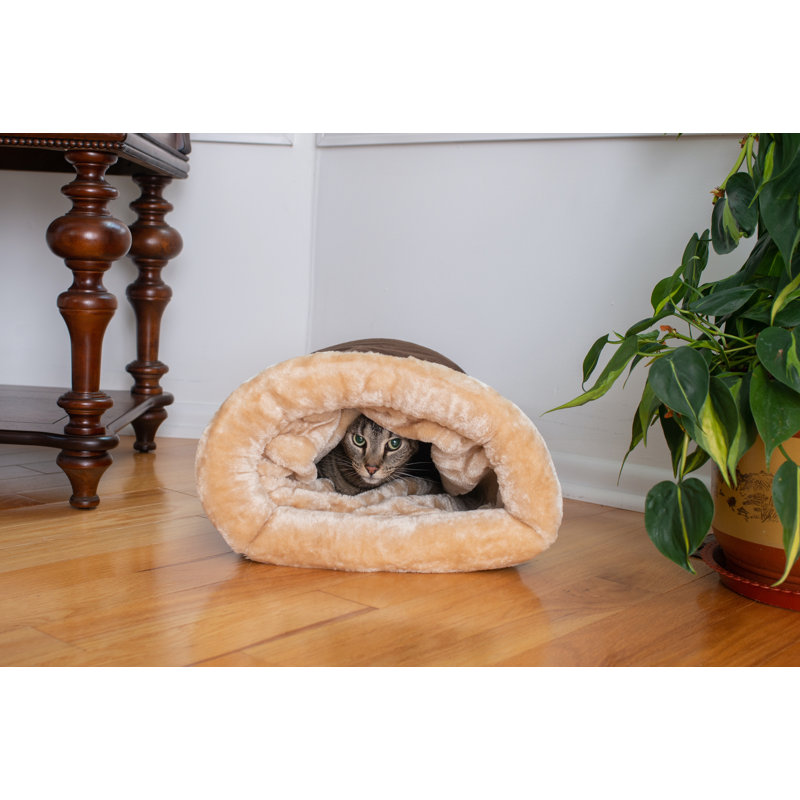 Mocha and Beige Faux Fur Cat Tunnel Bed