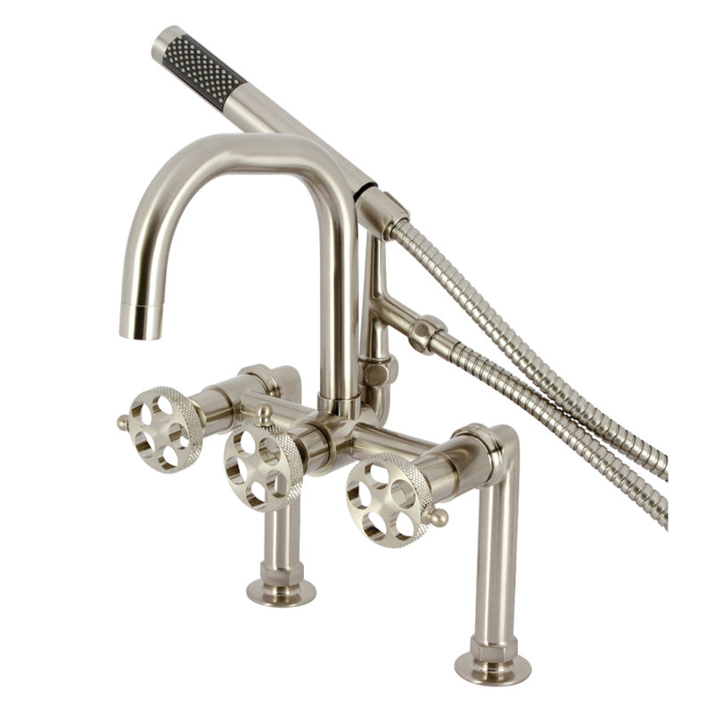 Kingston Brass Webb Three-Handle 2-Hole Deck Mount Clawfoot Tub Faucet with Knurled Handle and Hand Shower, Gold