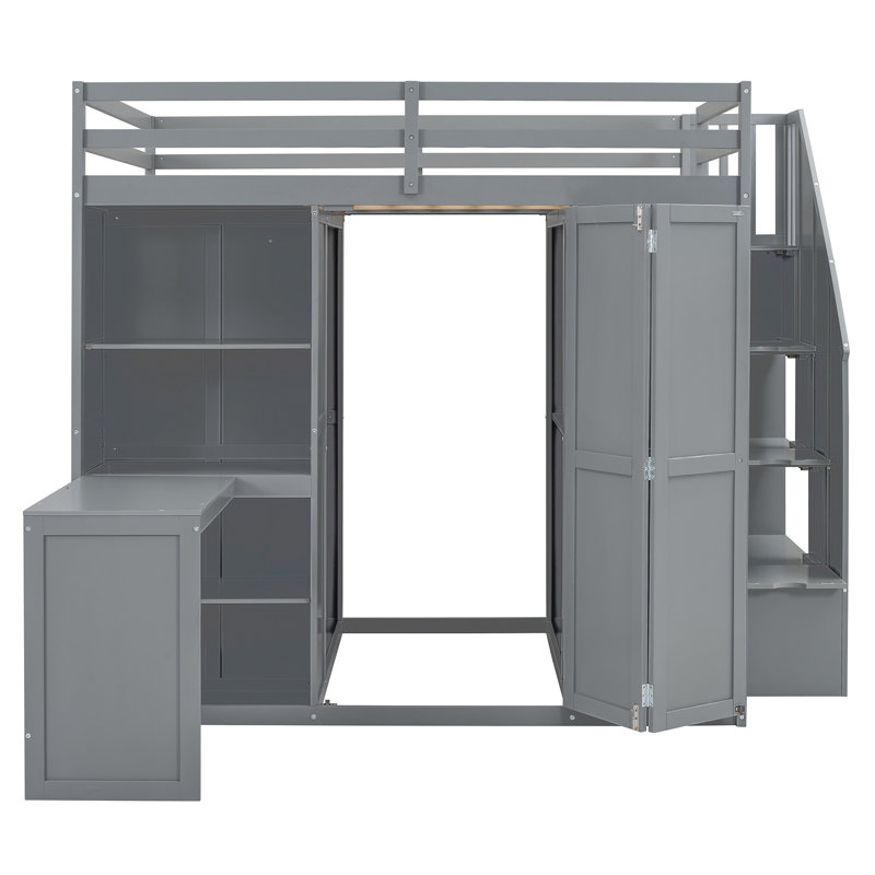 Lit superposé double avec garde-robe, bureau et tablettes, Gris