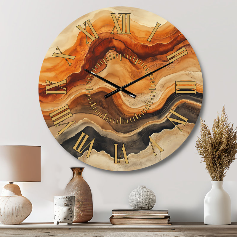 Horloge murale en métal de style Mid-Century, motif abstrait Warm Earth Flow Ink, Médium