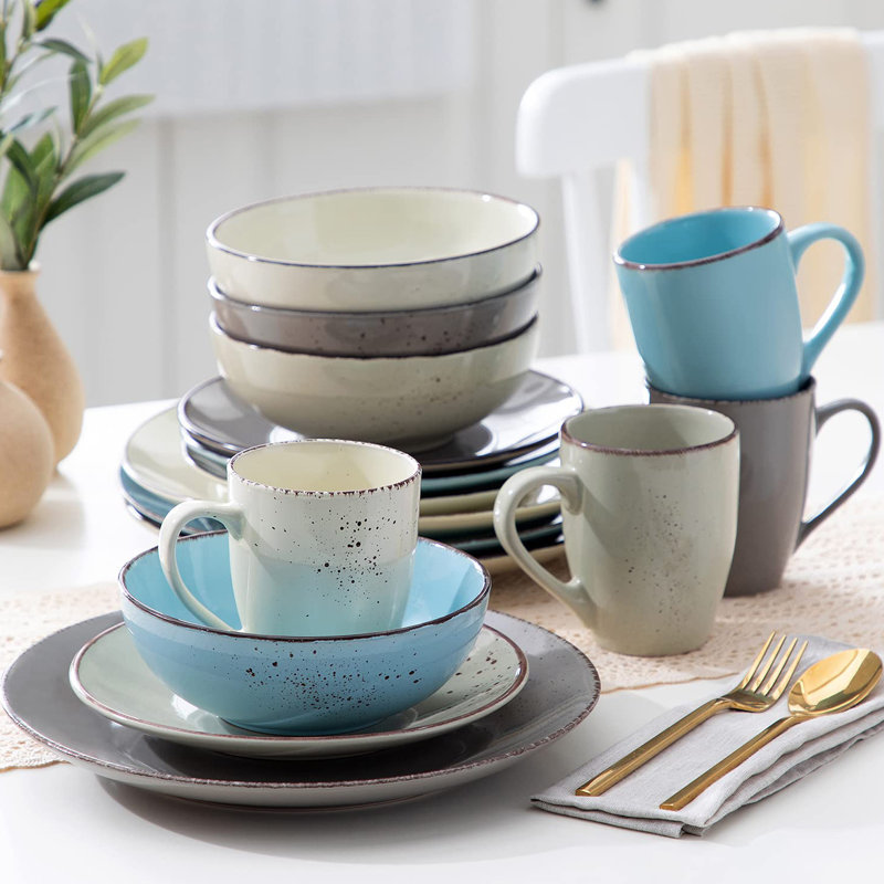 Aayah Ceramic Dinnerware Set 16 Piece - Service for 4, Blue/Grey/Beige