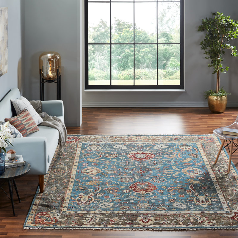 Hand Knotted Wool Area Rug in Blue, Rectangle 8' x 10'