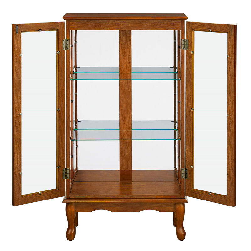 Elegant Curio Cabinet In Oak With Adjustable Shelves And Interior Lighting Lighted Glass Mirrored Back, Oak