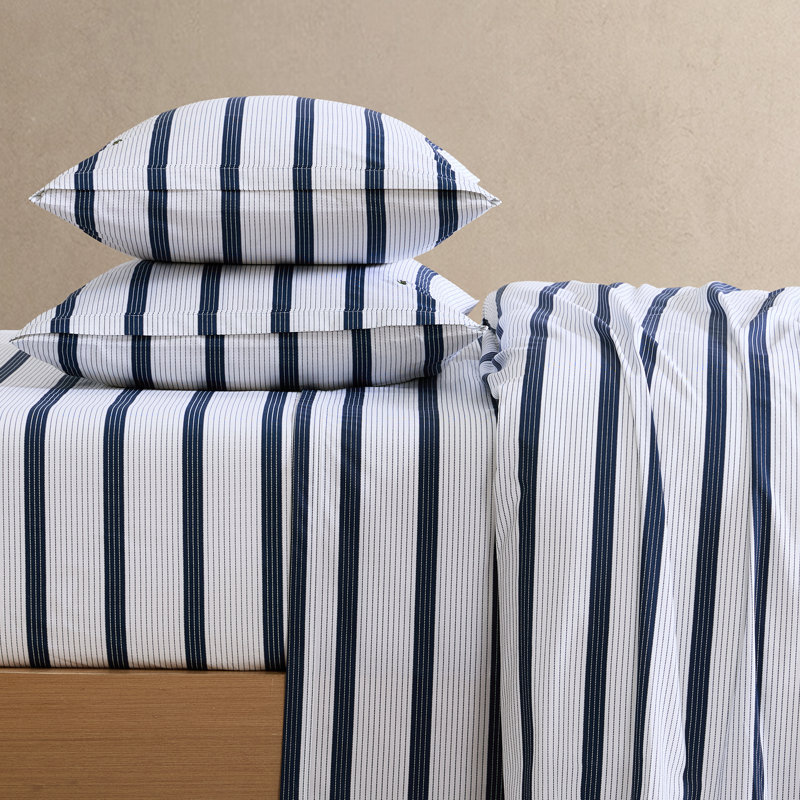 Ensemble de draps 100% coton percale Lacoste Mini Geo, Ensemble de draps pour lit simple avec 1 taie d'or, Marine