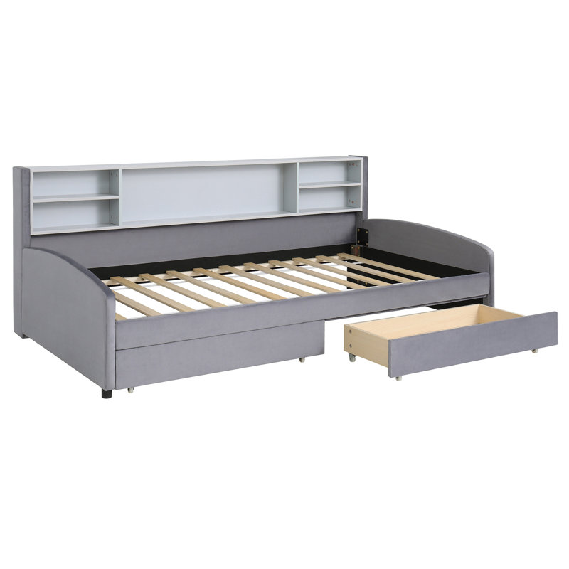 Lit plateforme simple tapissier avec rangement et tiroirs, gris, Gris