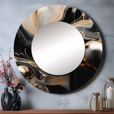 Shavannah or noir voyage par marbre III - miroir mural unique en marbre, miroir rond doré, impression d'art en métal