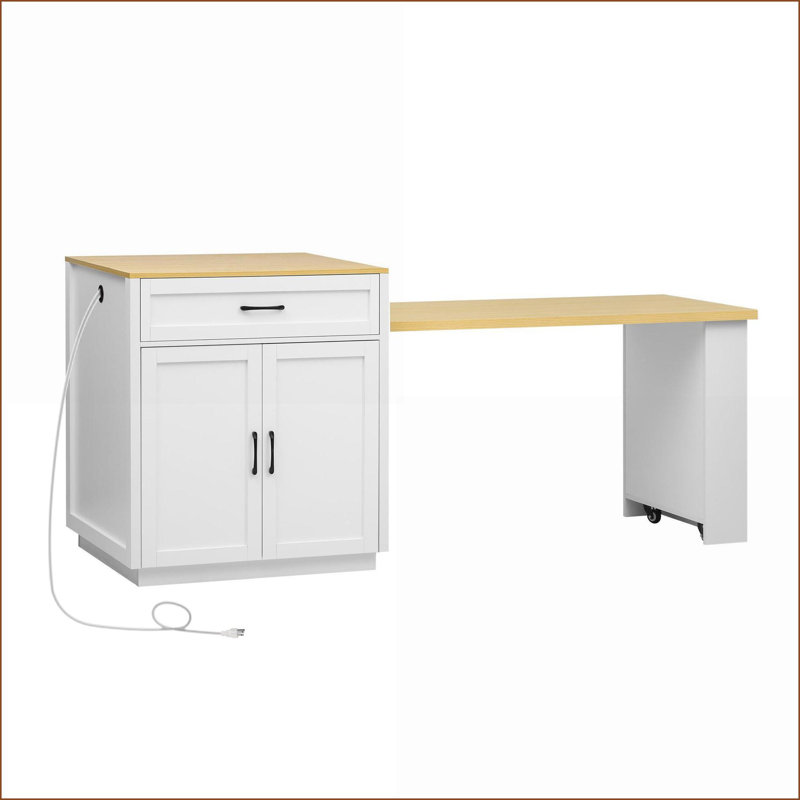 Kitchen Island with Extendable Dining Table – White Farmhouse MDF | Storage, Power Outlets