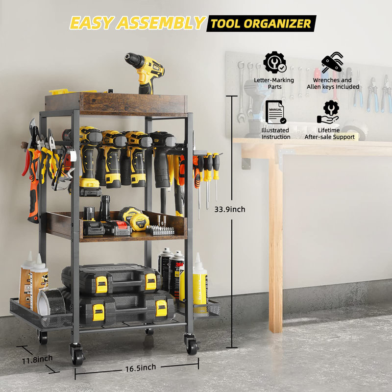 Étagère de rangement pour garage avec chariot à roulettes et coffre à outils ouvert, Brun rustique