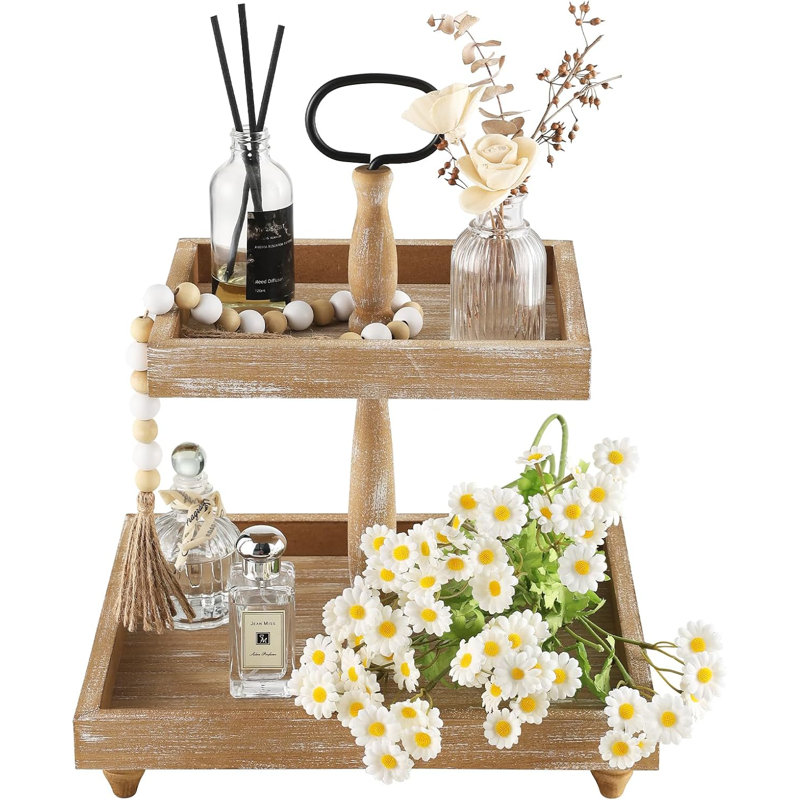 Rustic Wooden Tiered Tray Stand With Bead Garland, Farmhouse Square Decorative Serving Tray For Coffee Bar, Countertop, And Home Decor