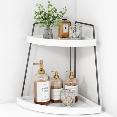 Corner Bathroom Counter Organizer, White And Gold Countertop Shelf Organizer For Kitchen Sink, 2 Tier Makeup Vanity Tray For Dresser Tops Decor, Corner Shelf For Girls Bedroom Storage White And Grey