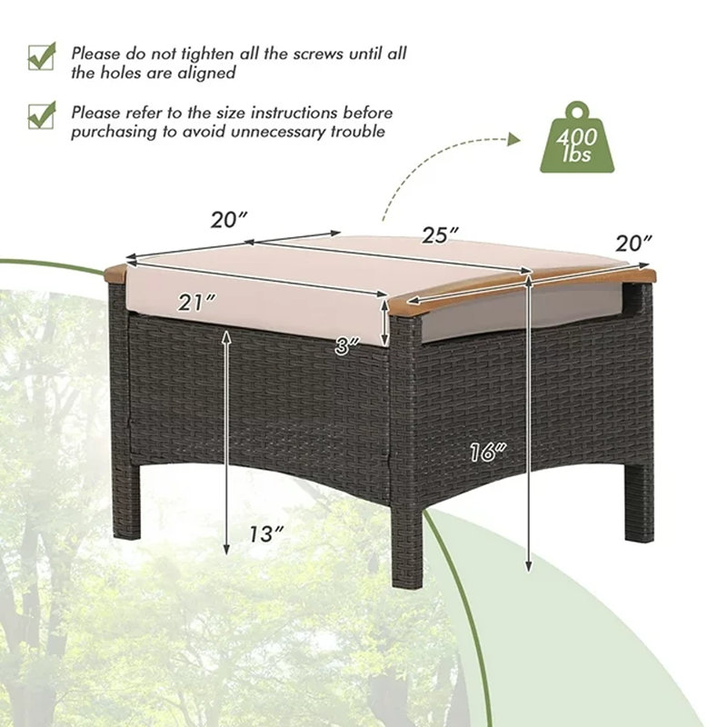Latitude Run® Set Of 2 Patio Rattan Ottoman Footrest Cushions Wooden Handle Beige