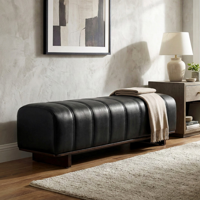 Nolyn Modern Upholstered Dining Bench with Rubber Wood Legs and Channel Tufting, Black PU Leather