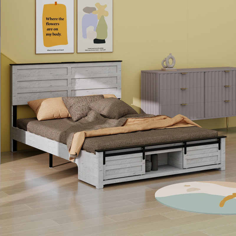 Base de lit avec tête de lit, plateforme en bois, station de charge, Blanc antique, Grand