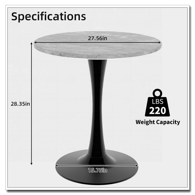 Wood Round Dining Table With Pedestal Base,Coffee Table, Gray Marble, Black