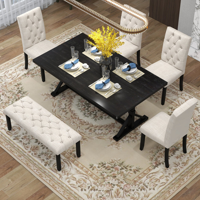 6-Piece Farmhouse Dining Table Set 72" Wood Rectangular Table, 4 Upholstered Chairs with Bench, Espresso