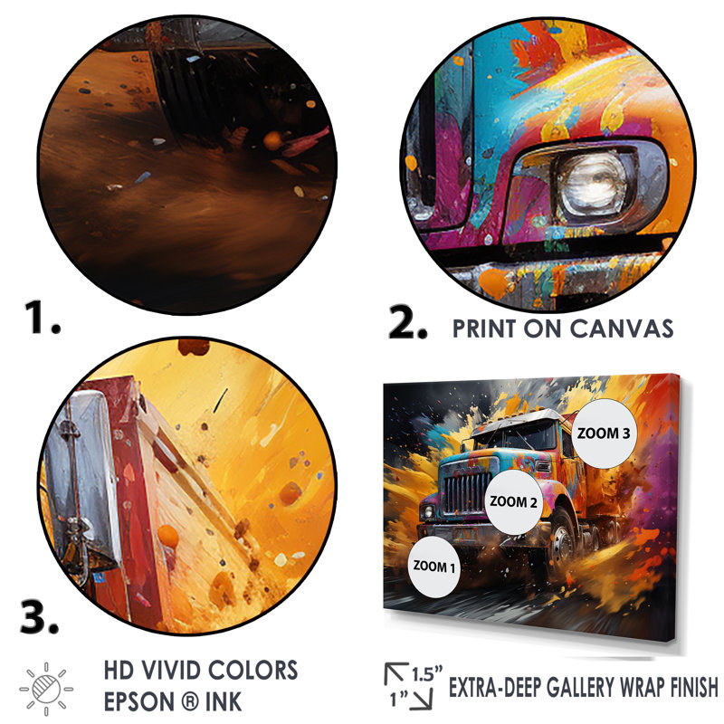 «Expressionist Monster Truck Fury III» sur toile, H 16 po x l 32 po x P 1 po, Cadre flottant noir