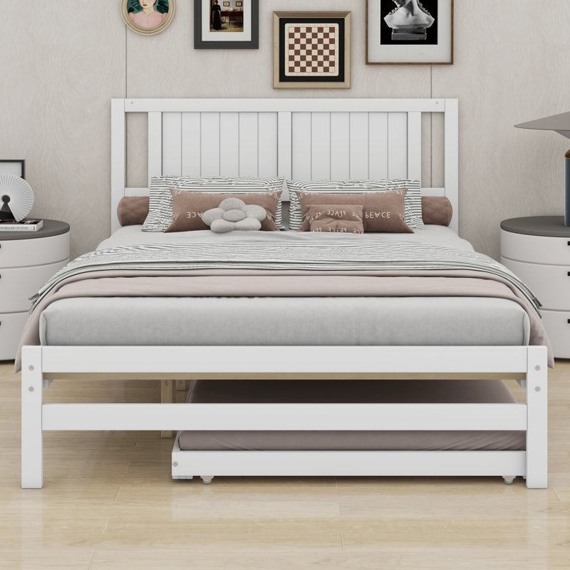 Platform Bed With Adjustable Trundle, White