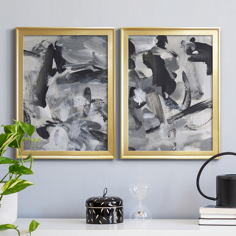 «Black and White Mix III», ensemble de 2 impressions sur toile encadrées, Cadre doré, H 36,5 po x l 26,5 po x P 1,25 po
