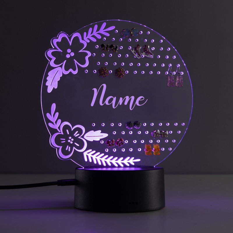 Veilleuse florale à DEL avec nom personnalisé gravé au laser sur insert acrylique, Oui