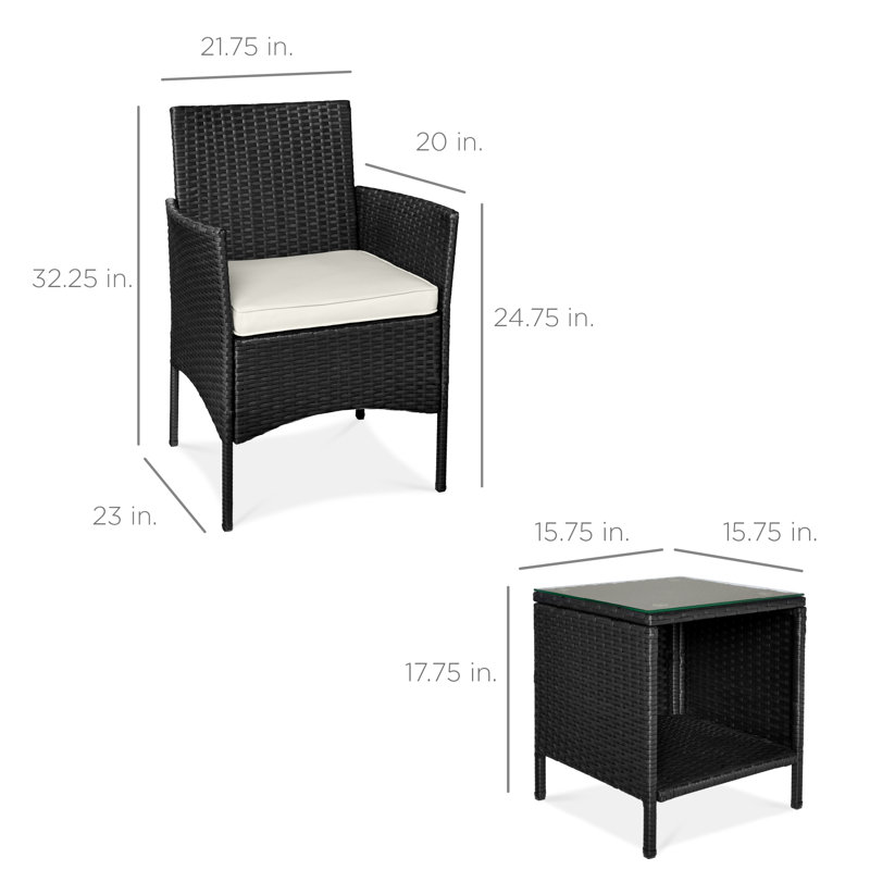  3-Piece Outdoor Wicker Conversation Patio Bistro Set, W/ 2 Chairs, Table, Deep Burgundy, Black