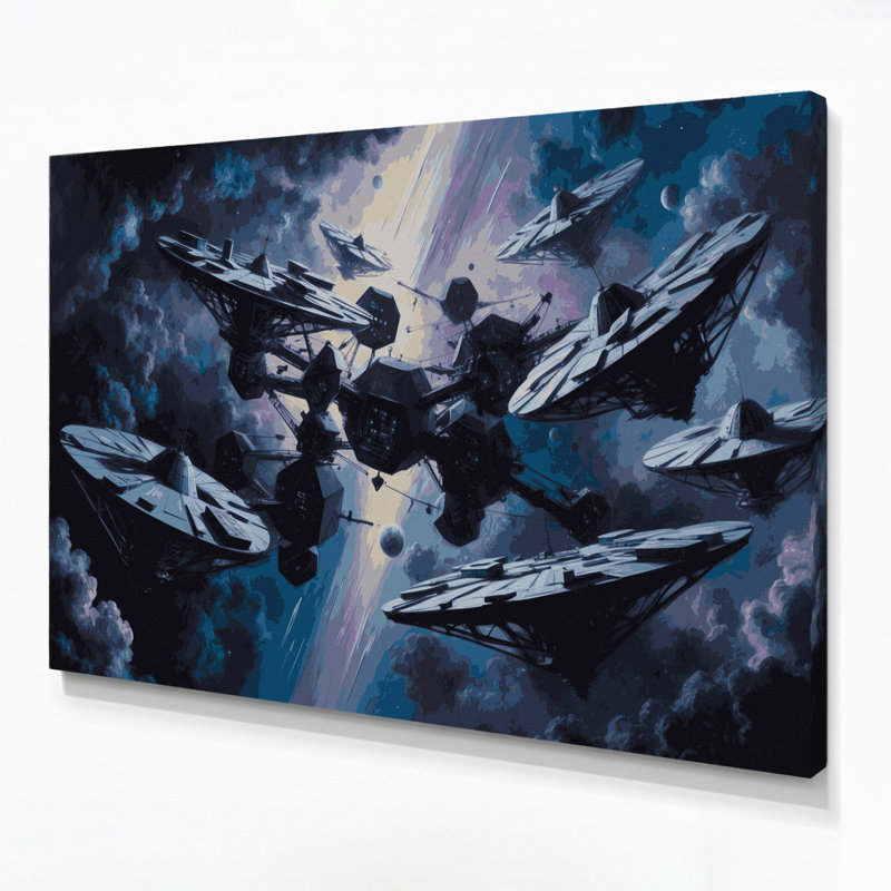 «Space Space station silhouettes», art mural sur toile grise, H 11 po x l 14 po