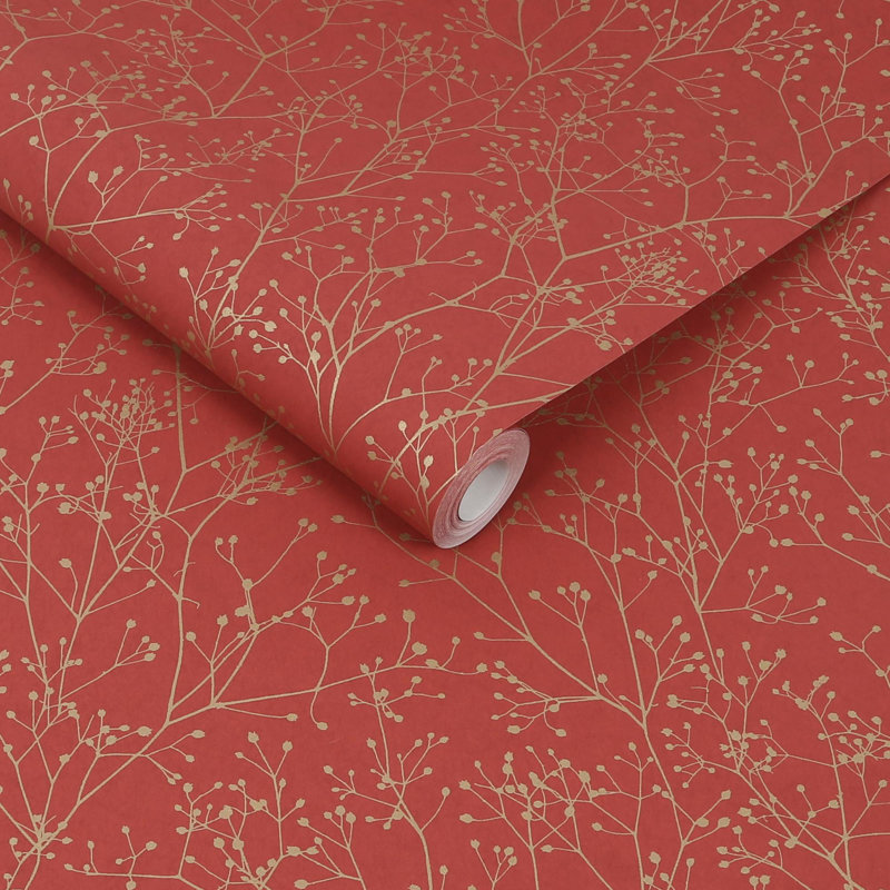 Clarissa Hulse Gypsophila Metallic Floral Wallpaper, Red/Golden