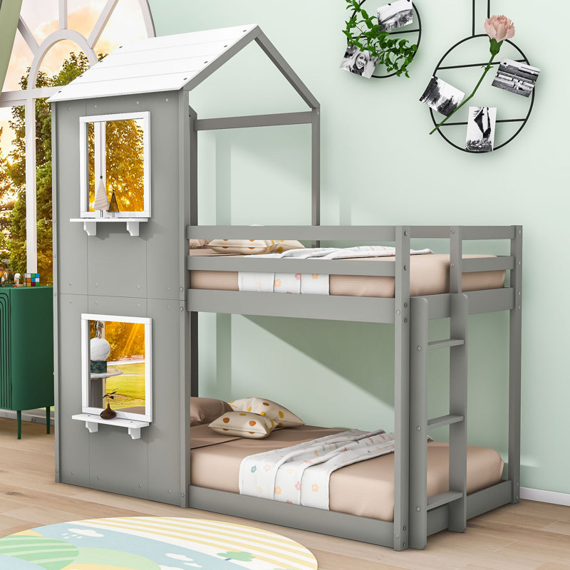 Kids Twin Over Twin Bunk Bed, Gray