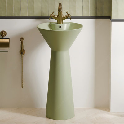 Lavabo sur pied en céramique vert vintage, meuble-lavabo compact pour petites salles de bain